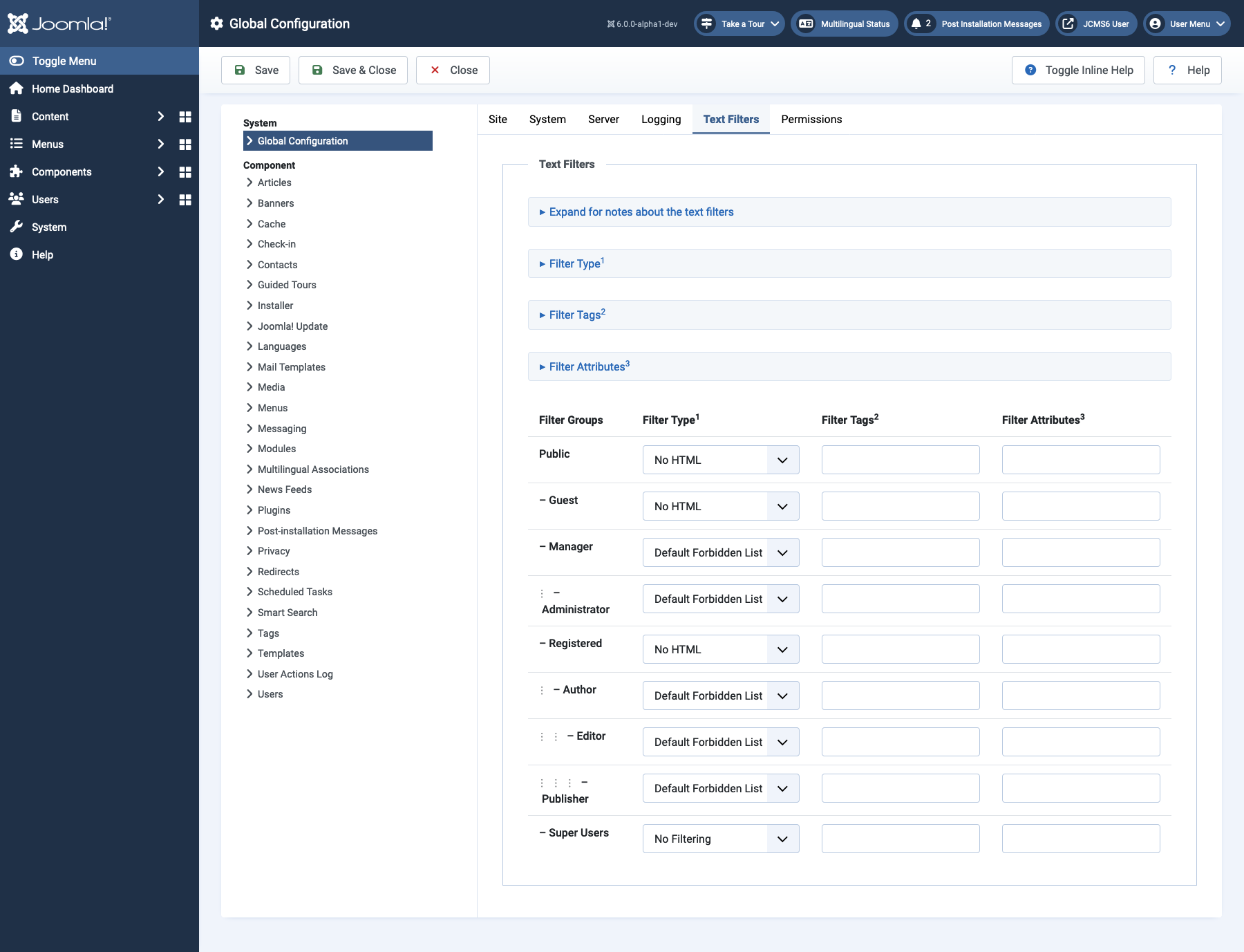 global configuration of text filters